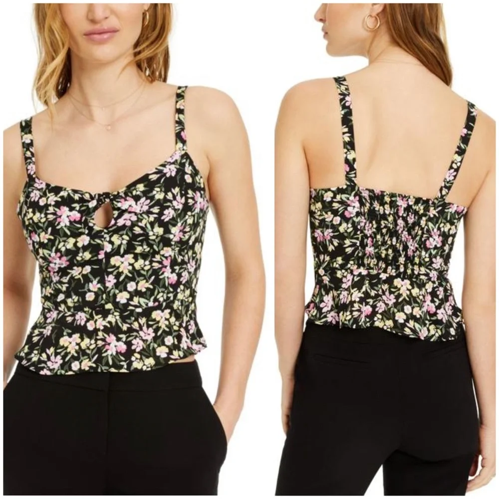 NWT Bar III Floral Cropped Peplum Cut Out Bow Chest Tank Top - Picture 1 of 11